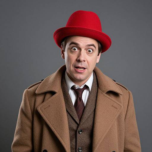 Photograph of a surprised Caucasian man with fair skin, wearing a bright red hat, brown woolen coat, and brown vest, against a gray background