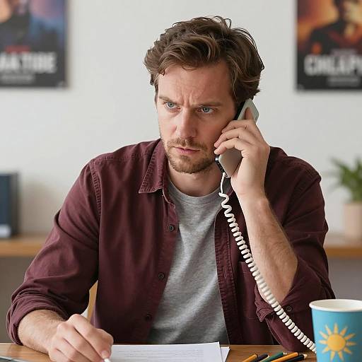 Man Using Corded Phone with Intense Expression