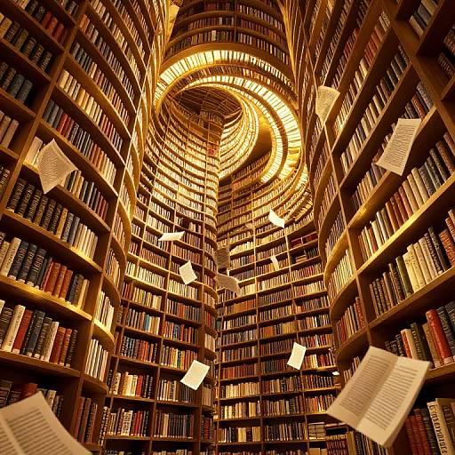Photograph of a golden-lit, spiral bookshelf library with floating papers, densely packed books, and warm, glowing light creating a mesmerizing,