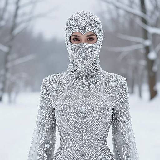 Photograph of a person in an elaborate, silver-beaded, face-covering outfit, standing in a snowy, tree-lined forest. The intricate bead