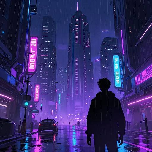Cyberpunk cityscape at night, neon-lit skyscrapers, silhouetted figure in raincoat, vivid purple and blue lights,