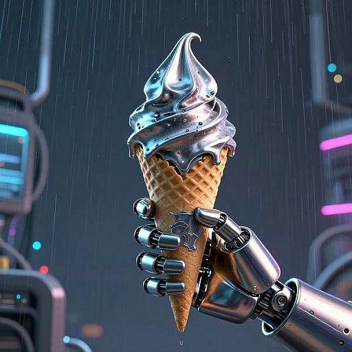 CGI image of a metallic robotic hand holding a shiny, silver-swirled ice cream cone in a rainy, neon-lit cyberpunk environment.