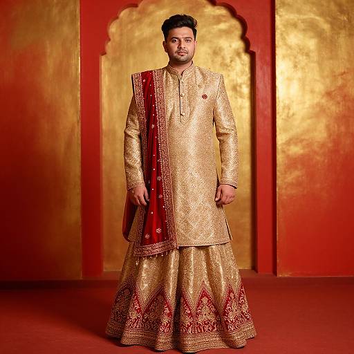 Photograph of a South Asian man in a gold and red embroidered traditional sherwani and dhoti, standing against a red and gold ornate