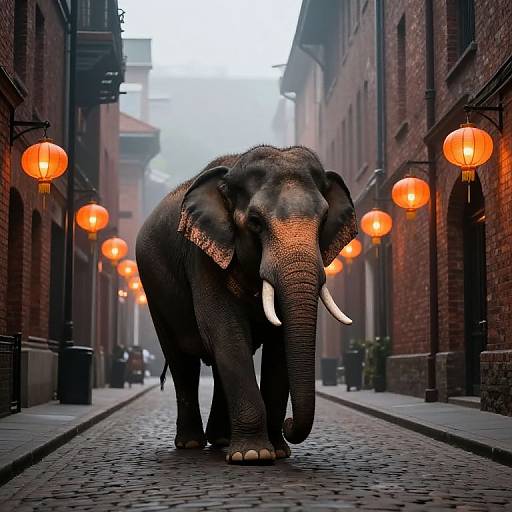 Photograph of a large elephant with dark, textured skin and white tusks walking down a narrow, cobblestone alley lined with glowing red lanterns