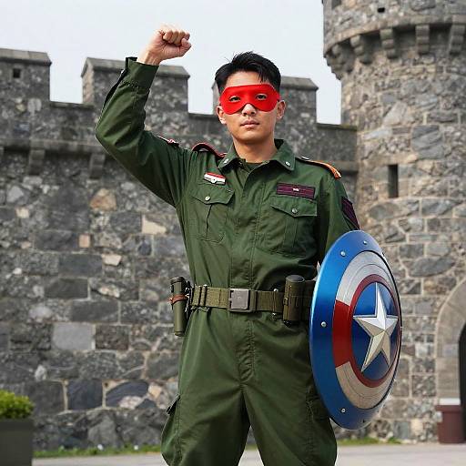 Asian male superhero in green uniform, red mask, and Captain America shield, flexing arm in front of stone castle. Photorealistic CGI.