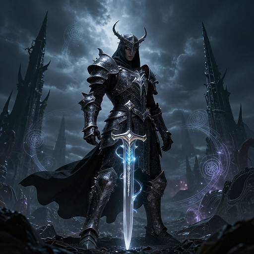 Digital fantasy artwork of a muscular armored warrior with glowing blue sword, horns, and dark cape, standing in a stormy, gothic castle landscape.
