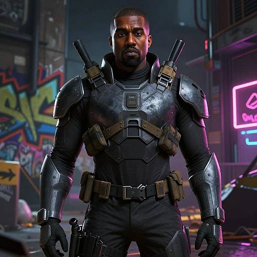 Photorealistic CGI of a muscular Black man in black tactical armor with shoulder guns, standing in a neon-lit, graffiti-covered urban alley.