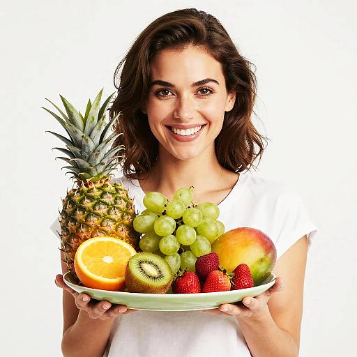 Cheerful Woman with Fresh Fruit Plate