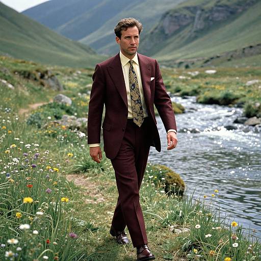 Man in Burgundy Suit in Lush Valley