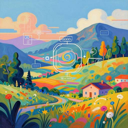 Vibrant digital painting of a colorful countryside with a house, winding path, mountains, and flowers, overlaid with tech interface icons.