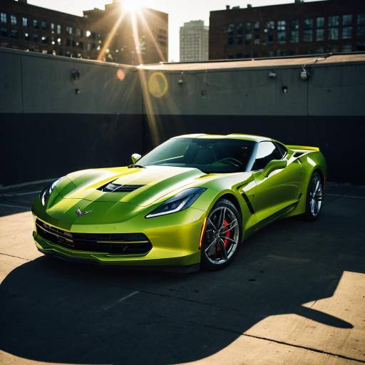 Cinematic Lime Green Corvette in Urban Sunset