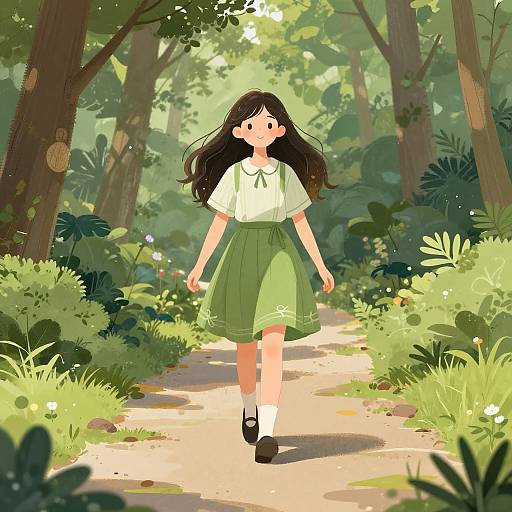 Digital illustration of a young girl with long black hair, wearing a white blouse and green skirt, walking on a sunlit forest path, surrounded by lush