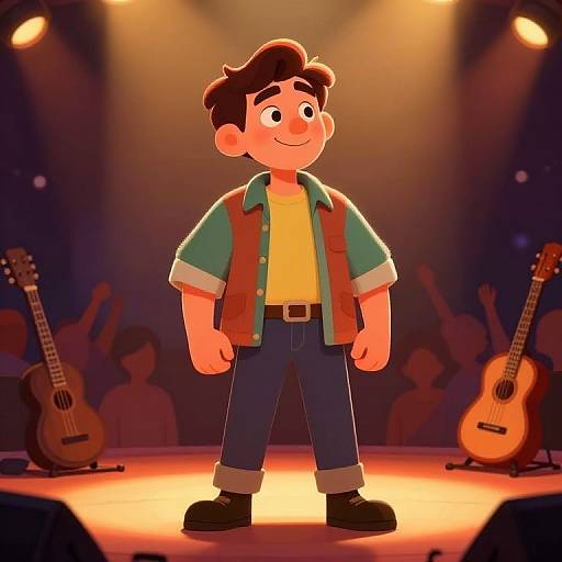 Cartoon boy with brown hair, green shirt, red vest, yellow t-shirt, blue jeans, smiling, standing on stage with guitars and audience.