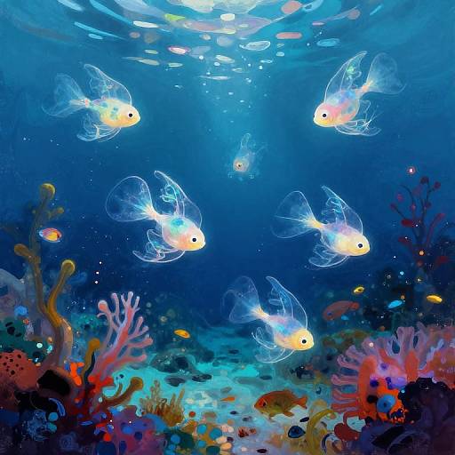 Vibrant underwater illustration of glowing, transparent fish swimming among colorful coral reefs and small, bright yellow fish in a deep blue ocean.
