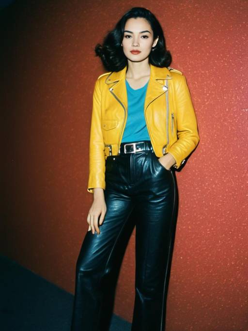 Woman in Yellow Leather Biker Jacket and Black Trousers