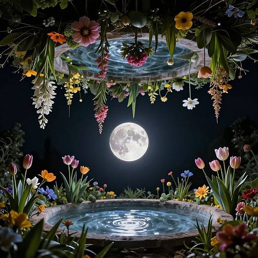 Digital artwork of a moonlit night, featuring two circular water basins adorned with colorful flowers, surrounded by blooming tulips, with a bright full