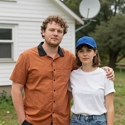 Couple Posed Outdoors with Wooden House