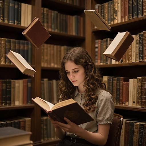 Photograph of a young woman with long curly brown hair, wearing a gray blouse, sitting in a library with books floating around her, intently reading