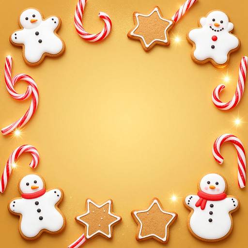 Bright orange background with white gingerbread snowmen, candy canes, and star cookies, creating a festive holiday border. Digital illustration.