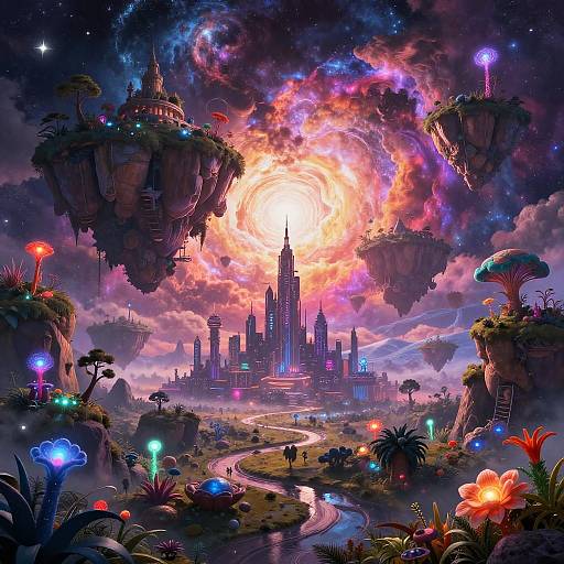 Digital fantasy artwork of a neon-lit, floating city under a glowing, cosmic sun with floating islands, colorful flora, and luminescent mushrooms.