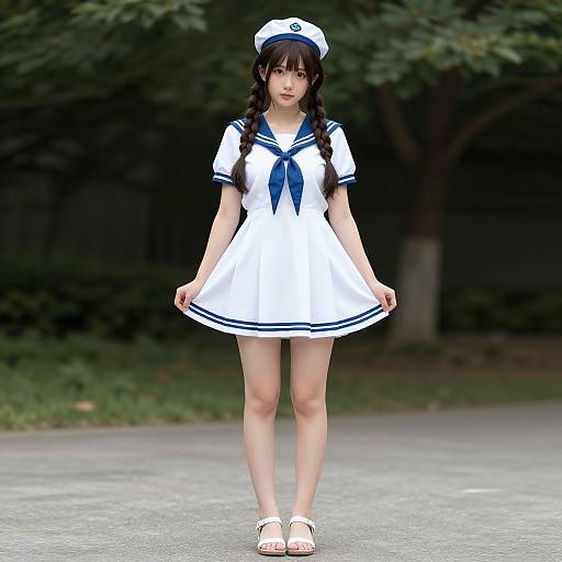 Photorealistic digital rendering of an Asian girl in a white sailor dress with blue trim, hat, and sandals, standing on a paved path with green