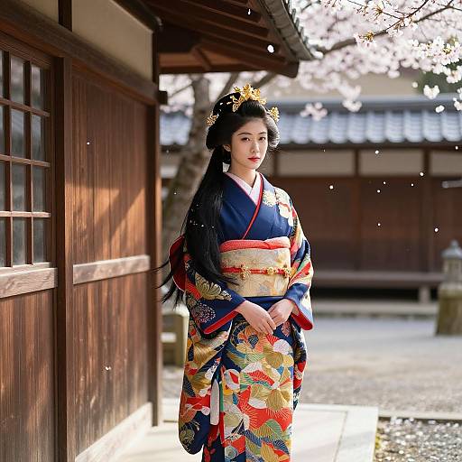 Japanese Woman in Traditional Kimono with Cherry Blossoms