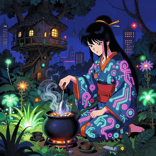 Digital anime-style illustration of a glowing kimono-wearing woman cooking at a steaming pot in a magical, neon-lit forest at night.