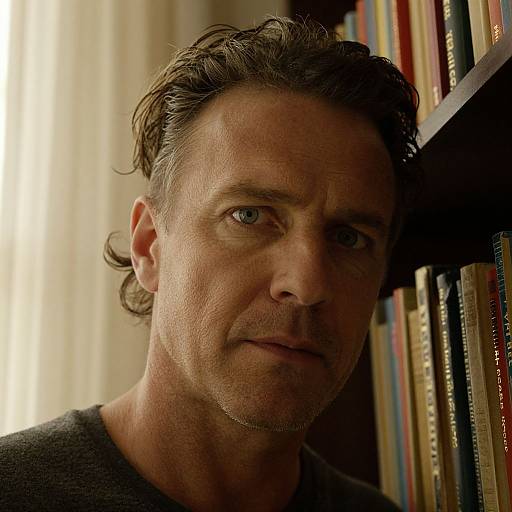 Photograph of a middle-aged man with blue eyes, short dark hair, and a slight smile, standing beside a bookshelf in a well-lit