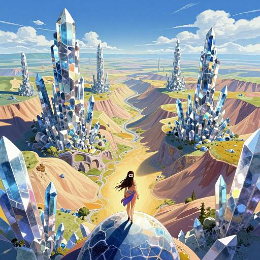 Digital anime-style artwork of a lone girl with long black hair, blue dress, standing amidst a crystal-filled, mountainous landscape under a bright blue sky