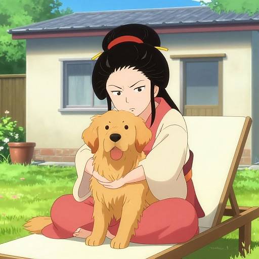 Anime-style digital drawing of a black-haired woman in a red and white kimono, sitting on a lawn chair, hugging a golden retriever,