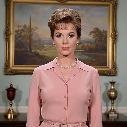 Photograph of a woman with styled brown hair, wearing a pink button-up blouse and pearl necklace, standing in a room with a framed landscape painting and