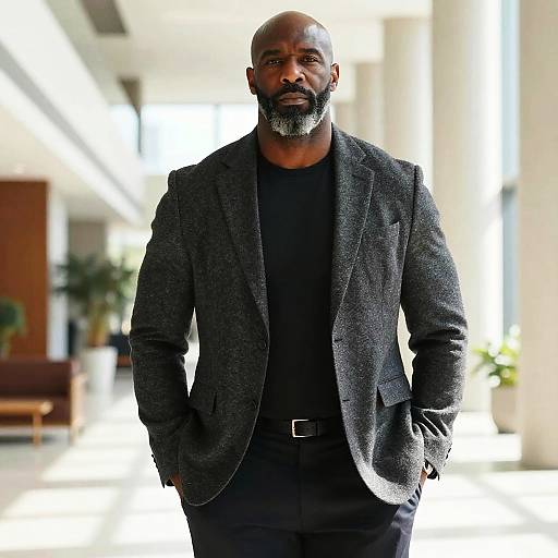 Photograph of a bald, dark-skinned man with a gray beard, wearing a black shirt and gray textured blazer, standing in a brightly lit