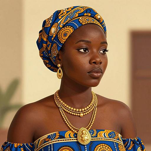 Photograph of a beautiful, dark-skinned African woman in traditional blue and gold-patterned attire, adorned with gold jewelry and headwrap, looking to