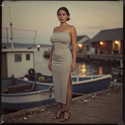 Photograph of a woman with dark hair in a form-fitting, light gray dress with a side slit, standing on a dock at dusk, boats