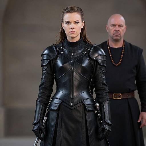 Photograph of a serious woman in black, shiny medieval armor with shoulder pauldrons, standing in front of a bald, bearded man in a