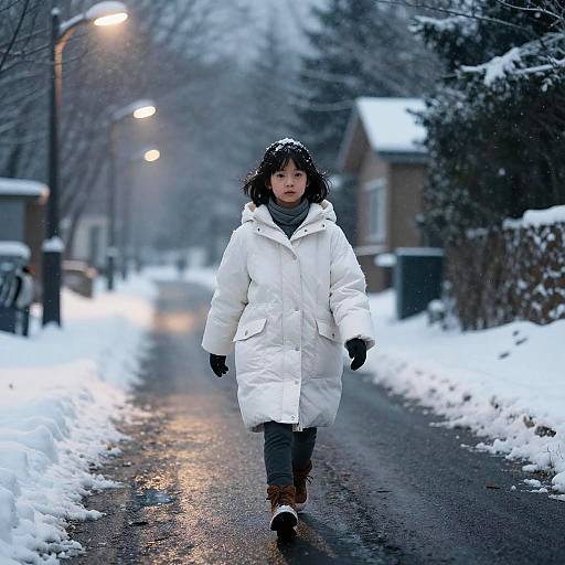 Girl on Snowy Road with Penguin