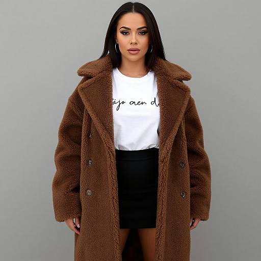 Photograph of a woman with long black hair, wearing a brown fuzzy coat, white shirt, and black skirt, standing against a plain gray background.