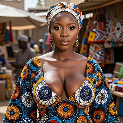 Photograph of a dark-skinned African woman with large breasts, wearing a colorful, patterned dress and headwrap, standing in a vibrant market stall