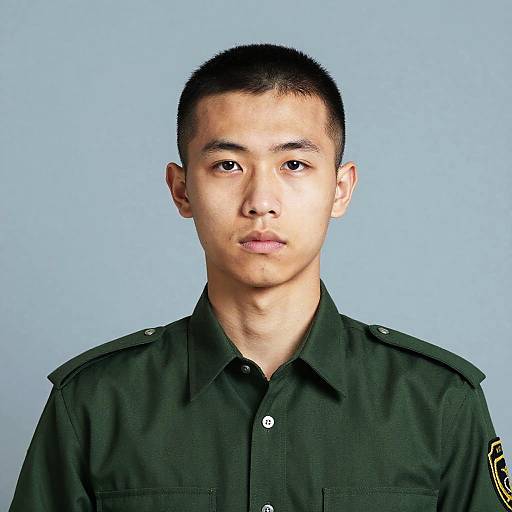Photograph of a young Asian male with short black hair, wearing a dark green military uniform, against a plain light blue background.