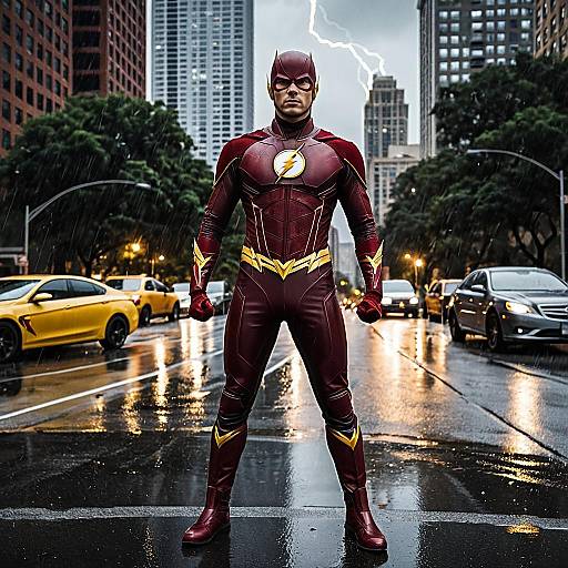 The Flash Superhero on Wet City Street