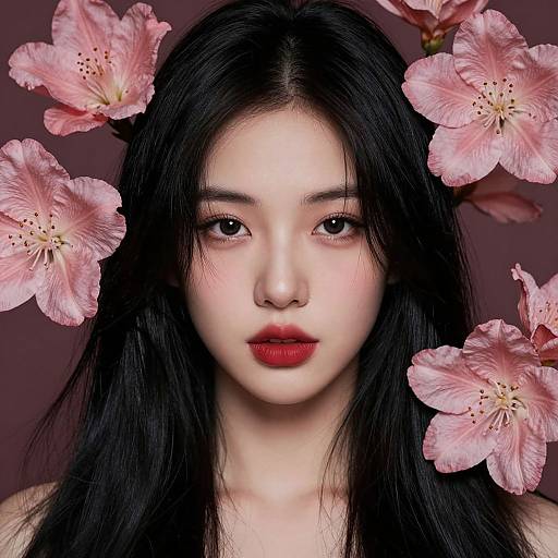 Digital portrait of an Asian woman with pale skin, black hair, red lips, surrounded by pink cherry blossoms against a dark background.