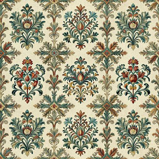 Ornate floral pattern with intricate, colorful flowers and leaves in red, blue, and green on a white background, digitally illustrated.