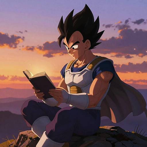 Digital art of Super Saiyan Goku reading a book at sunset, muscular physique, black spiky hair, white and blue outfit, seated on a rock