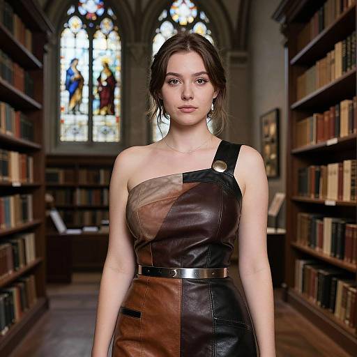 Photograph of a young woman with fair skin and brown hair in a one-shoulder leather dress, standing in a dimly lit library with stained