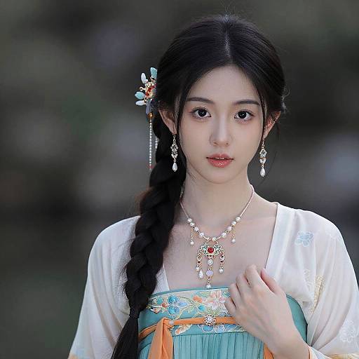 Photograph of an East Asian woman with long braided black hair, wearing traditional white and turquoise dress, ornate jewelry, and floral hairpin,