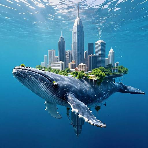 Digital art: A massive blue whale swims underwater, carrying a floating cityscape with skyscrapers, green trees, and sunlight filtering through.