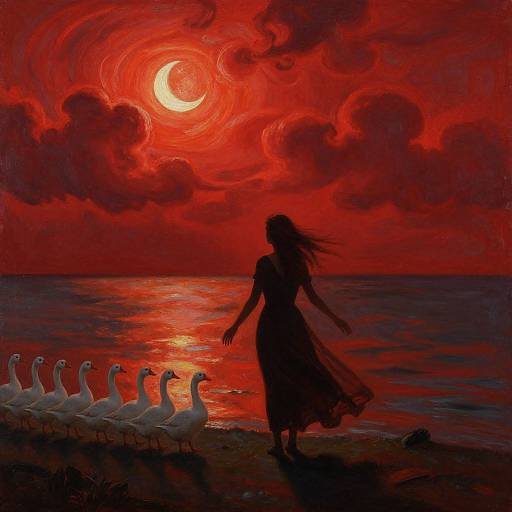 Silhouetted woman walks on red-lit beach at sunset, moon surrounded by swirling clouds, white swans line shore. Dramatic, surreal