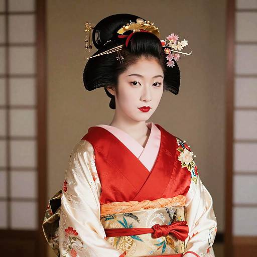 Photograph of an Asian woman in traditional red and cream kimono with floral patterns, black hair in an elaborate updo, red ribbon, and gold