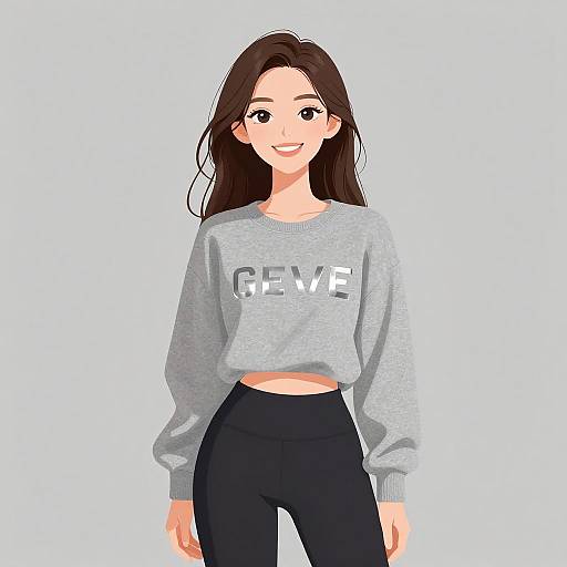 Digital anime-style drawing of a smiling woman with long brown hair, wearing a gray 