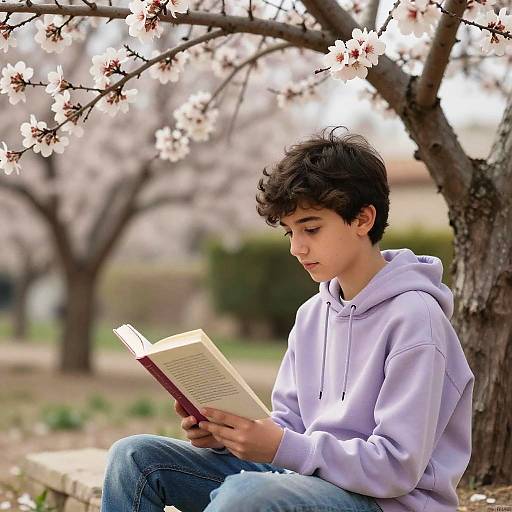 Photograph of a young boy with curly brown hair, wearing a light purple hoodie and blue jeans, reading a book under a blooming cherry blossom tree
